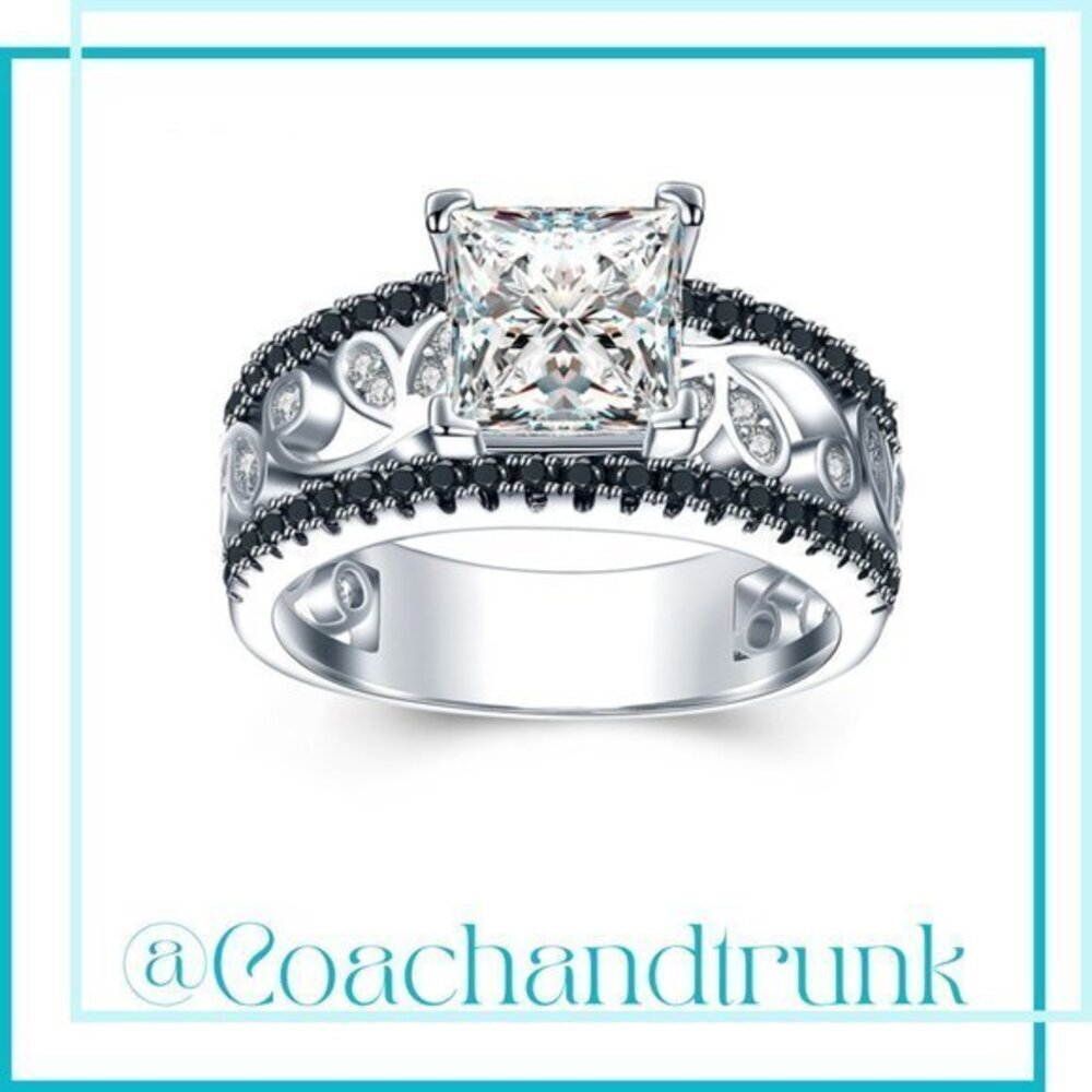 Sterling Square Princess Cut Scrollwork Silver Black Spinel & Diamond Ring NWT